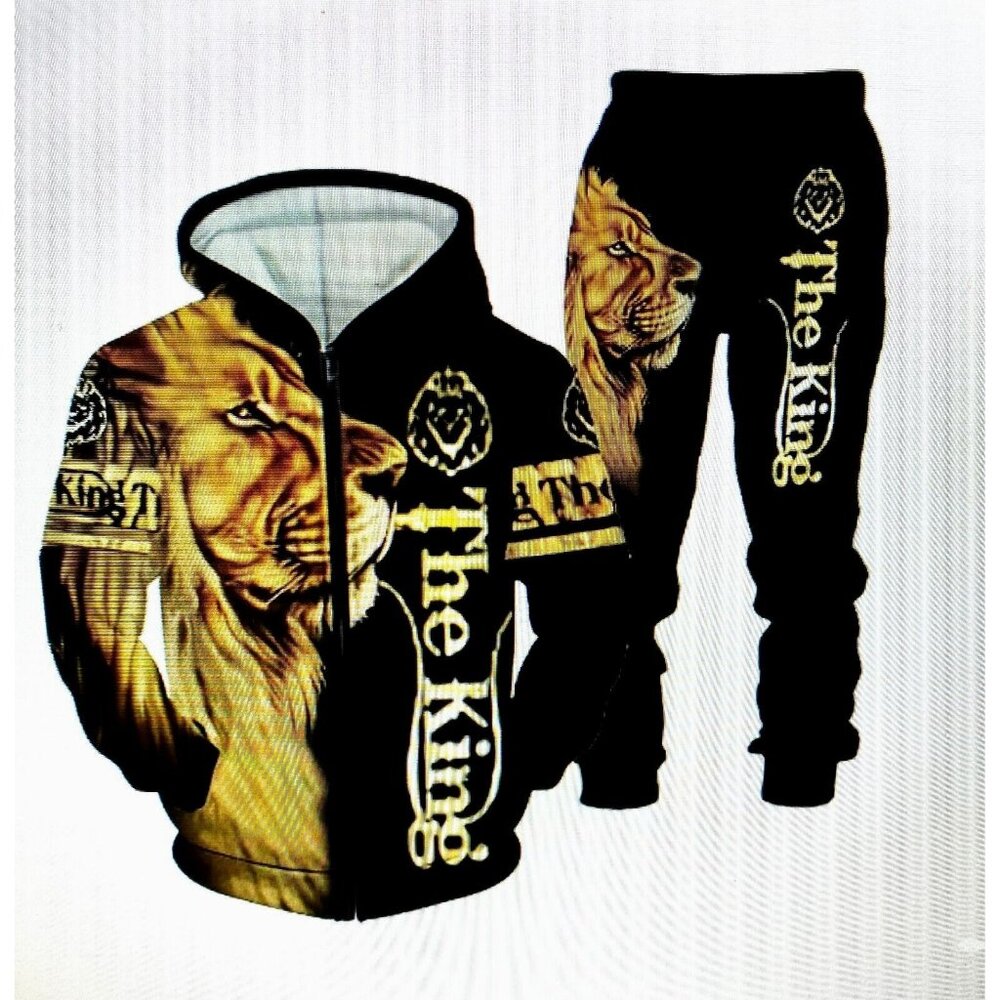 Men 3D Lion Pattern Print, 2Pcs Outfit Casual Zip Up 2XL Pullover & Pants NWOT